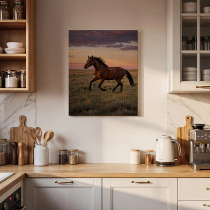 Running Horse Sunset Canvas Wall Art, Equestrian Meadow Print