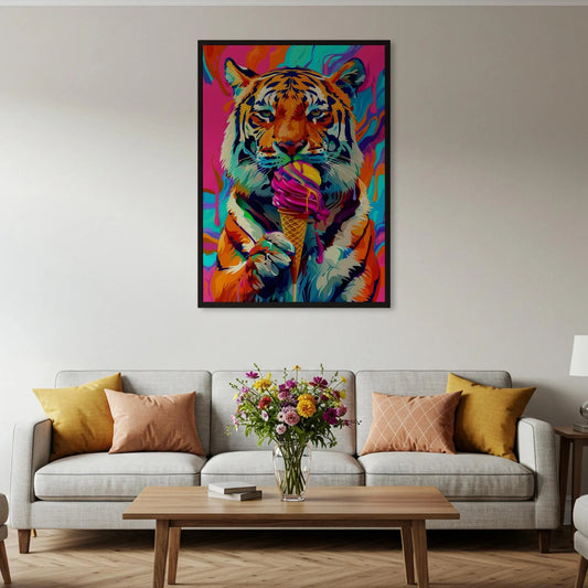 Pop Art Tiger With Ice Cream Canvas Wall Art, Fun Animal