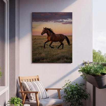 Running Horse Sunset Canvas Wall Art, Equestrian Meadow Print