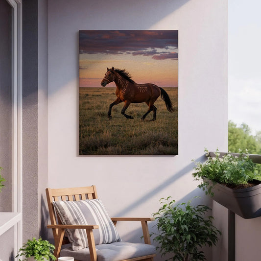 Running Horse Sunset Canvas Wall Art, Equestrian Meadow Print