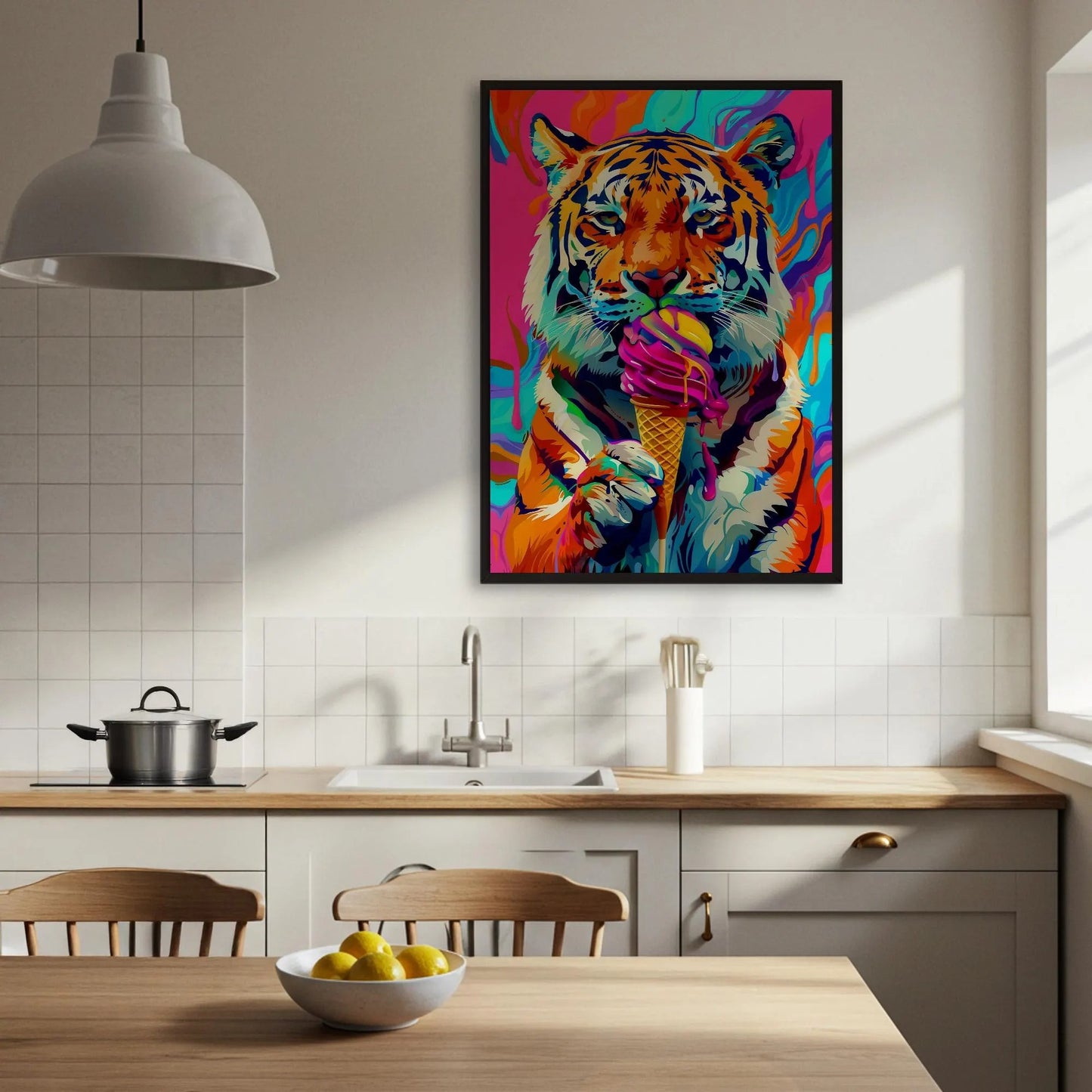 Pop Art Tiger With Ice Cream Canvas Wall Art, Fun Animal