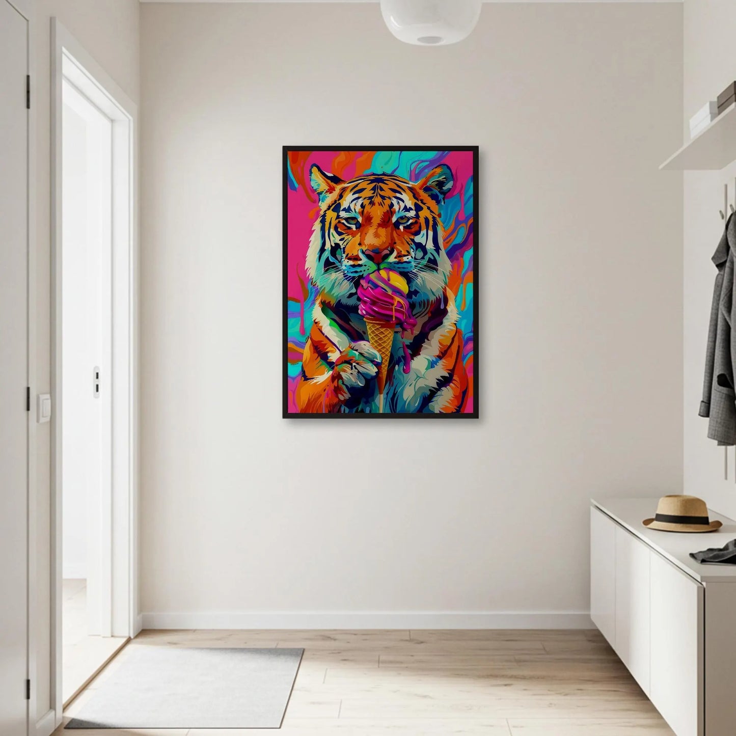 Pop Art Tiger With Ice Cream Canvas Wall Art, Fun Animal