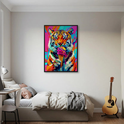 Pop Art Tiger With Ice Cream Canvas Wall Art, Fun Animal