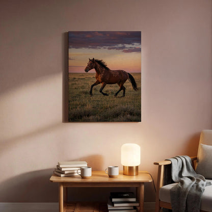Running Horse Sunset Canvas Wall Art, Equestrian Meadow Print